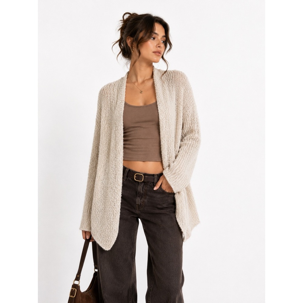 Knox Rose Cardigan Sweater Cream Beige Textured Open Front Boho XL